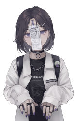 Rule 34 | 1girl, absurdres, backpack, bag, black choker, black hair, black shirt, chain, chain necklace, choker, commentary request, covered mouth, ear piercing, earrings, fingernails, hair ornament, hairclip, highres, jacket, jewelry, lawson, long fingernails, long sleeves, looking at viewer, mole, mole under eye, multiple rings, nail polish, necklace, ofuda, open clothes, open jacket, original, piercing, purple eyes, purple nails, ring, shirt, short hair, simple background, sleeves past wrists, solo, stud earrings, sugai (4ugaii), upper body, white background, white jacket