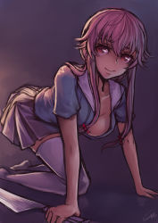 Rule 34 | 1girl, all fours, blouse, blue shirt, blue skirt, bow, breasts, cleavage, evan yang, gasai yuno, hair between eyes, hair bow, knife, long hair, mirai nikki, pink hair, pleated skirt, red bow, red eyes, school uniform, shirt, sidelocks, skirt, smile, solo, thighhighs, twintails, weapon