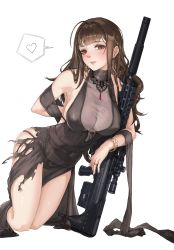 Rule 34 | 1girl, ahoge, anti-materiel rifle, bare shoulders, black dress, black panties, blast compensator, blunt bangs, blush, bolt-action rifle, bolt action, bracelet, breasts, brown hair, bullpup, compensator, covered navel, dress, dsr-50, dsr-50 (girls&#039; frontline), dsr-50 (highest bid) (girls&#039; frontline), earrings, evening gown, gem, girls&#039; frontline, gun, hair intakes, halter dress, halterneck, heart, highres, jewelry, kneeling, large breasts, long hair, looking at viewer, muzzle device, official alternate costume, panties, parted lips, red eyes, rifle, ring, see-through, skindentation, smile, sniper rifle, solo, spoken heart, suppressor, thighs, torn clothes, torn dress, underwear, weapon, white background, xia oekaki