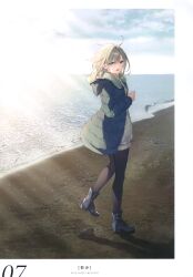 Rule 34 | 1girl, absurdres, ahoge, ankle boots, beach, black footwear, black pantyhose, blue sky, boots, bright pupils, cloud, cloudy sky, coat, day, floating hair, fur coat, highres, hood, hooded coat, long sleeves, looking at viewer, looking back, open mouth, original, pantyhose, sand, scan, shadow, short hair, sky, smile, solo, standing, sweater, toosaka asagi, water, white pupils, white sweater