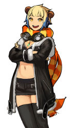 Rule 34 | 1girl, :d, animal ears, black coat, black thighhighs, blonde hair, blue hair, breasts, coat, cowboy shot, crossed arms, fur trim, goggles, goggles around neck, highres, jewelry, jungon kim, long sleeves, looking at viewer, medium breasts, multicolored clothes, multicolored hair, multicolored scarf, navel, necklace, open mouth, orange eyes, orange scarf, original, pencil skirt, scarf, short hair, simple background, skirt, smile, solo, standing, thighhighs, two-tone hair, white background