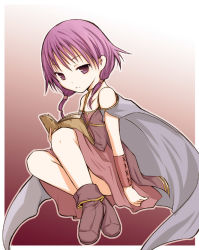 Rule 34 | 1girl, bare shoulders, book, boots, cape, dress, fire emblem, fire emblem: the sacred stones, gradient background, looking at viewer, low twintails, lute (fire emblem), nintendo, open book, purple eyes, purple hair, short hair, sitting, solo, tenmaru, twintails