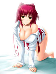 Rule 34 | 00s, 1girl, all fours, bed, bent over, blush, bottomless, breasts, brown eyes, cleavage, dress shirt, kneeling, kousaka tamaki, large breasts, long hair, open clothes, open shirt, red hair, shirt, solo, to heart (series), to heart 2