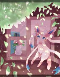 Rule 34 | :o, animal focus, artist name, blue eyes, bow, commentary request, creatures (company), falling leaves, flower, flower pot, game freak, gen 6 pokemon, hanabusaoekaki, leaf, letterboxed, nintendo, no humans, pink bow, pink flower, pokemon, pokemon (creature), ribbon, sylveon, white fur, white ribbon, wide oval eyes