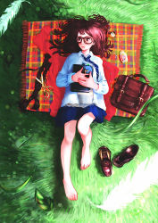 Rule 34 | 1girl, bad id, bad pixiv id, bag, bare legs, barefoot, book, braid, briefcase, brown hair, cross, cutting hair, feathers, feet, full body, glasses, grass, lips, loafers, lying, md5 mismatch, natsui tuna, necktie, on back, original, outdoors, pill, pleated skirt, red eyes, resolution mismatch, school bag, school briefcase, school uniform, scissors, shoes, unworn shoes, short hair, skirt, solo, source larger, toes, twin braids