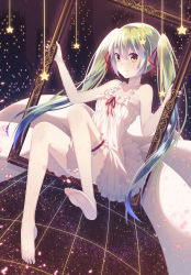 Rule 34 | 1girl, barefoot, dress, feet, full body, green hair, hair ribbon, hatsune miku, highres, bridal garter, long hair, looking at viewer, natsu97, picture frame, ribbon, sitting, soles, solo, star (symbol), toes, twintails, very long hair, vocaloid, white dress