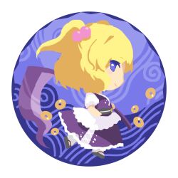 Rule 34 | 1girl, alternate color, blonde hair, blue eyes, chibi, closed mouth, commentary request, from side, hair bobbles, hair ornament, highres, holding, holding scythe, japanese clothes, kaigen 1025, kimono, kimono skirt, obi, onozuka komachi, puffy short sleeves, puffy sleeves, purple kimono, sash, scythe, shirt, short sleeves, short twintails, smile, solo, touhou, twintails, walking, white shirt