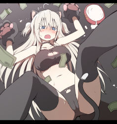Rule 34 | 1girl, absurdres, ahoge, animal ears, animal hands, black bra, black panties, blonde hair, blue eyes, blush, bowl, bra, breasts, cameltoe, cat cutout, cat ears, cat lingerie, cat paws, cat tail, choker, cleavage, cleavage cutout, clothing cutout, commentary request, copyright request, fang, frilled bra, frills, highres, korean commentary, large breasts, letterboxed, long hair, luke (dydansgur), lying, meme attire, money, on back, panties, pet bowl, skin fang, solo, suggestive fluid, tail, thighhighs, two side up, underwear