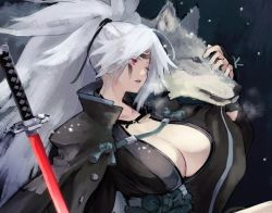 Rule 34 | 1girl, amputee, animal, baiken, big hair, black jacket, black kimono, breasts, cleavage, commentary request, guilty gear, guilty gear xrd, jacket, jacket on shoulders, jako (toyprn), japanese clothes, kataginu, katana, kimono, large breasts, obi, one-eyed, open clothes, open kimono, parted lips, ponytail, red eyes, samurai, sash, scar, scar across eye, scar on face, silver hair, sword, weapon, wolf