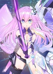 Rule 34 | 1girl, absurdres, armor, bikini armor, blue eyes, blush, boots, breasts, cleavage, commentary request, elbow gloves, energy sword, gloves, hair between eyes, hair ornament, highres, holding, holding sword, holding weapon, light particles, long hair, looking at viewer, mechanical wings, medium breasts, naoya (naoya ee), neptune (series), open mouth, outstretched arms, pink hair, power symbol-shaped pupils, pubic tattoo, purple sister, purple sister v, sidelocks, solo, stomach tattoo, sword, symbol-shaped pupils, tattoo, thigh boots, thighhighs, weapon, wings