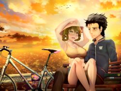 Rule 34 | 1boy, 1girl, amane suzuha, armpits, arms up, artist request, bicycle, breasts, cleavage, covered erect nipples, hat, highres, large breasts, okabe rintarou, outdoors, sitting, sitting on person, steins;gate, tagme, tank top