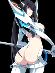 Rule 34 | 10s, 1girl, armor, ass, black hair, breasts, from behind, frown, glowing, glowing eyes, highres, huge ass, junketsu, katana, kichihachi, kill la kill, kiryuuin satsuki, large breasts, living clothes, long hair, looking back, revealing clothes, solo, sword, weapon