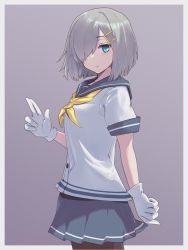 Rule 34 | 1girl, blue eyes, blue sailor collar, blue skirt, breasts, closed mouth, from side, gloves, grey hair, hair ornament, hair over one eye, hairclip, hamakaze (kancolle), hand up, highres, kantai collection, looking at viewer, medium breasts, neckerchief, pantyhose, sailor collar, school uniform, serafuku, shirt, short hair, simple background, skirt, smile, solo, white gloves, white shirt, yano shirou, yellow neckerchief