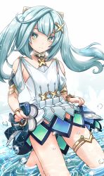 Rule 34 | 1girl, aqua eyes, aqua hair, barefoot, blunt bangs, commentary request, comodomodo, detached sleeves, faruzan (genshin impact), genshin impact, hair between eyes, hair ornament, highres, long hair, looking at viewer, seiza, short sleeves, sidelocks, simple background, sitting, solo, symbol-shaped pupils, triangle-shaped pupils, twintails, wet, wet clothes