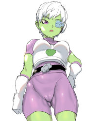 Rule 34 | 1girl, azuse neko, belt, black belt, bodysuit, breasts, cameltoe, cheelai, colored skin, covered collarbone, cowboy shot, curvy, dragon ball, dragon ball super, dragon ball super broly, female focus, from below, gloves, gluteal fold, green skin, hand on own hip, jumpsuit, legs apart, looking at viewer, medium breasts, open mouth, purple eyes, scouter, short hair, short sleeves, simple background, skin tight, solo, turtleneck, white background, white gloves, white hair