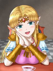 Rule 34 | 1girl, armor, artist request, blonde hair, blue eyes, blush, bracelet, breast rest, breasts, breasts on table, cape, chair, collarbone, cup, diadem, dress, drink, earrings, elbows on table, eyelashes, female focus, fingernails, floor, flower print, gem, happy, highres, indoors, jewelry, long dress, long hair, long image, looking at viewer, medium breasts, neck, necklace, nintendo, open mouth, own hands together, pale skin, pearl necklace, pointy ears, princess zelda, print dress, red gemstone, short-sleeved dress, short sleeves, shoulder armor, sitting, solo, table, tall image, tea, teacup, the legend of zelda, the legend of zelda: a link between worlds, tiara, triforce, triforce earrings, tunic, white cape, white dress, white tunic, wooden chair, wooden table
