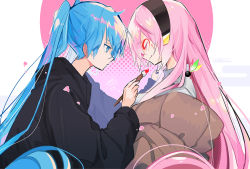 Rule 34 | 2girls, art brush, black hoodie, blue eyes, blue hair, brown coat, cherry blossoms, coat, commentary, drawing on another&#039;s face, egasumi, closed eyes, facepaint, falling petals, from side, hairband, half-closed eyes, halftone, hatsune miku, highres, holding, holding brush, hood, hoodie, megurine luka, multiple girls, paintbrush, petals, pink hair, shirt, sun, upper body, vocaloid, wanaxtuco, white background, white shirt