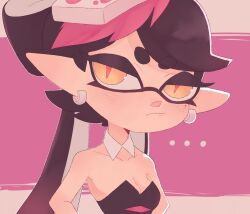 Rule 34 | 1girl, a very happy potato, bare arms, bare shoulders, black hair, black jumpsuit, bow-shaped hair, breasts, callie (splatoon), cleavage, collarbone, detached collar, earrings, flipped hair, food, food on head, gradient hair, hand on own hip, highres, hoop earrings, inkling, jewelry, jumpsuit, long hair, medium breasts, mole, mole under eye, multicolored hair, nintendo, object on head, pointy ears, short jumpsuit, solo, splatoon (series), strapless, strapless jumpsuit, sushi, swept bangs, tentacle hair, thick eyebrows, twintails, yellow eyes