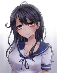 Rule 34 | 10s, 1girl, bite mark, black hair, breasts, brown eyes, bruise, cleavage, closed mouth, collarbone, false smile, head tilt, highres, injury, kantai collection, long hair, looking at viewer, neit ni sei, school uniform, serafuku, shirt, short sleeves, simple background, sleeve cuffs, smile, solo, tears, ushio (kancolle), white shirt, yellow eyes
