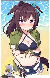 Rule 34 | 1girl, 1other, ^^^, agnes tachyon (lunatic lab) (umamusume), agnes tachyon (umamusume), agnes tachyon (umamusume) (cosplay), animal ears, arms under breasts, beach, bikini, bikini under clothes, black bikini, blue bow, blue shorts, blush, bow, breasts, brown hair, cleavage, closed mouth, collared jacket, collared shirt, commentary request, cosplay, cowboy shot, criss-cross halter, crossed arms, denim, denim shorts, drawing tablet, ear bow, ear ornament, ears down, embarrassed, green shirt, hair between eyes, hair ornament, hairclip, halterneck, highres, horse ears, horse girl, horse tail, jacket, long hair, looking at viewer, medium breasts, mejiro dober (umamusume), navel, o o, open clothes, open fly, open mouth, open shorts, ponytail, purple eyes, sand, shirt, shorts, sleeves rolled up, swimsuit, t-head trainer, tail, takiki, tied jacket, tied shirt, torn clothes, torn shorts, trainer (umamusume), umamusume, water