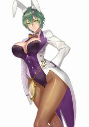 Rule 34 | 1girl, animal ears, breasts, coattails, colored skin, damegane, fake animal ears, green eyes, green hair, highres, large breasts, looking at viewer, matching hair/eyes, pantyhose, playboy bunny, rabbit ears, short hair, smile, solo, tailcoat, white skin