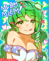 Rule 34 | 1girl, :q, ^^^, breasts, clothes pull, collarbone, commentary, english commentary, frog hair ornament, green eyes, green hair, green tea reimu, hair ornament, heart, highres, kochiya sanae, large breasts, long hair, looking at viewer, shirt, shirt pull, single sidelock, sleeveless, sleeveless shirt, smile, snake hair ornament, solo, tongue, tongue out, touhou, twitter username, upper body, white shirt