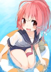 Rule 34 | 10s, 1girl, blush, hair ribbon, highres, i-168 (kancolle), innertube, kantai collection, long hair, looking at viewer, open mouth, personification, ponytail, red eyes, red hair, ribbon, school swimsuit, school uniform, serafuku, solo, swim ring, swimsuit, swimsuit under clothes, tofu1601, water, wavy mouth