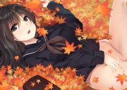 Rule 34 | 1girl, black hair, black shirt, blush, bottomless, breasts, brown eyes, commentary request, egg vibrator, hair between eyes, leaf, long hair, long sleeves, looking at viewer, lying, maple leaf, medium breasts, mikagemaru (mikage000), neckerchief, no panties, no pants, on back, open mouth, original, pussy, school uniform, serafuku, sex toy, shirt, solo, tape, vibrator