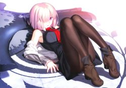 Rule 34 | 1girl, absurdres, ankle boots, bare shoulders, black dress, black footwear, black pantyhose, boots, breasts, collared dress, dress, fate/grand order, fate (series), fingernails, full body, hair over one eye, highres, looking at viewer, lying, mash kyrielight, medium breasts, necktie, on back, open mouth, pantyhose, purple eyes, red necktie, scan, shadow, short dress, short hair, silver hair, simple background, sleeveless, sleeveless dress, solo, takeuchi takashi