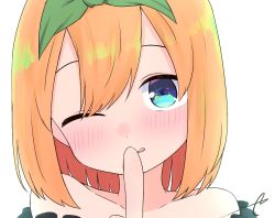 Rule 34 | 1girl, bare shoulders, blue eyes, blush, collarbone, commentary request, eyebrows hidden by hair, go-toubun no hanayome, green ribbon, hair between eyes, hair ribbon, hand up, index finger raised, kujou karasuma, looking at viewer, nakano yotsuba, one eye closed, portrait, ribbon, signature, simple background, solo, tongue, tongue out, white background
