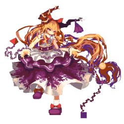 Rule 34 | 1girl, bare arms, bare shoulders, blonde hair, bow, bowtie, chain, closed mouth, cube, cuffs, hair bow, horns, ibuki suika, long hair, mary janes, oni, oni horns, orb, pixel art, pyramid (geometry), red bow, red bowtie, red eyes, shackles, shirt, shoes, sidelocks, skirt, sleeveless, sleeveless shirt, smile, socks, solo, standing, tea basira, touhou, very long hair, white shirt, wrist cuffs