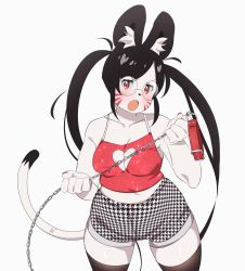 Rule 34 | 1girl, absurdres, animal ears, animal hands, breasts, cat ears, chain, chain leash, cleavage, cleavage cutout, clothing cutout, collar, furry, furry female, glasses, highres, indie virtual youtuber, keyhole, kisa niya, leash, marking on cheek, medium breasts, non-web source, plump, round eyewear, self-upload, shorts, solo, thighhighs, tomatomagica, twintails, virtual youtuber