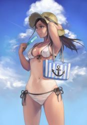 Rule 34 | 1girl, anchor symbol, arm up, bag, bikini, blue sky, breasts, brown eyes, brown hair, cloud, cowboy shot, day, food, front-tie bikini top, front-tie top, has bad revision, has downscaled revision, hat, highres, holding, long hair, md5 mismatch, medium breasts, navel, nekumun, original, outdoors, popsicle, resolution mismatch, side-tie bikini bottom, sky, smile, solo, source smaller, standing, sun hat, swimsuit, white bikini