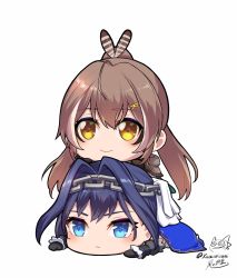 Rule 34 | 2girls, :&gt;, :|, artist name, black gloves, blue cape, blue eyes, blue hair, brown hair, cape, chain, chain headband, chibi, cloak, closed mouth, commentary, earrings, english commentary, feather hair ornament, feathers, gloves, hair intakes, hair ornament, hairclip, head chain, highres, holocouncil, hololive, hololive english, jewelry, kazenoisumi, long hair, lying, multicolored hair, multiple girls, nanashi mumei, on person, on stomach, ouro kronii, short hair, signature, simple background, streaked hair, tareme, tsurime, veil, virtual youtuber, white background, white hair, yellow eyes