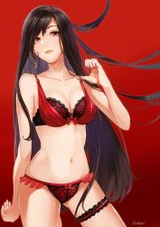 Rule 34 | 1girl, black hair, breasts, brown eyes, character request, cleavage, copyright request, cowboy shot, earrings, highres, jewelry, long hair, medium breasts, nail polish, navel, red background, red nails, retsuna, smile, solo, underwear, underwear only, very long hair