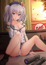 Rule 34 | 10s, 1girl, :p, anchor, bad id, bad pixiv id, bare shoulders, beret, binoculars, black socks, breasts, buttons, cleavage, collarbone, curtains, epaulettes, female focus, finger to mouth, frills, grey eyes, grey hair, hat, highres, indoors, kantai collection, kashima (kancolle), kazenokaze, large breasts, leaf, long sleeves, looking at viewer, military, military uniform, miniskirt, no shoes, off shoulder, panties, pantyshot, pleated skirt, road sign, sign, sitting, skirt, sky, socks, solo, striped, sun, sweat, tongue, tongue out, twintails, unbuttoned, underwear, uniform, wavy hair, white panties, window