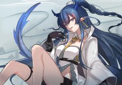 Rule 34 | 1girl, arknights, bare legs, blue eyes, blue hair, braid, breasts, commentary request, feet out of frame, hand up, highres, horns, jacket, ling (arknights), long hair, long sleeves, looking at viewer, mabing, medium breasts, necktie, open clothes, open jacket, parted lips, pointy ears, shirt, sitting, solo, strapless, strapless shirt, thighs, very long hair, white jacket, white shirt, wide sleeves, yellow necktie
