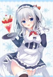 Rule 34 | 10s, 1girl, :d, alternate costume, apron, beret, blue eyes, breasts, buttons, detached collar, enmaided, eyebrows, food, frills, fruit, garter straps, gloves, hair between eyes, hat, highres, ice cream, kantai collection, kashima (kancolle), long hair, long sleeves, looking at viewer, maid, maid apron, medium breasts, open mouth, parfait, silver hair, skirt, smile, solo, strawberry, thighhighs, tomoo (tomo), tray, twintails, waitress, wavy hair, white gloves, zettai ryouiki