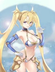 Rule 34 | 1girl, bare shoulders, blonde hair, blue eyes, bradamante (fate), bradamante (third ascension) (fate), braid, breasts, collarbone, commentary request, elbow gloves, fate/grand order, fate (series), french braid, gloves, hair between eyes, highres, large breasts, long hair, looking at viewer, navel, nayamer, solo, twintails, very long hair