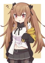Rule 34 | 1girl, :3, ?, black jacket, black ribbon, brown eyes, brown hair, clothes lift, dokumi, eyes visible through hair, girls&#039; frontline, hair ornament, hair ribbon, hairclip, highres, jacket, long hair, long sleeves, navel, off shoulder, open mouth, pantyhose, pleated skirt, ribbon, scar, scar across eye, scar on face, scarf, shirt lift, signature, skirt, sleeves past wrists, solo, twintails, ump9 (girls&#039; frontline)