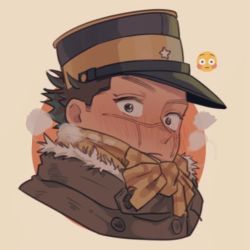 Rule 34 | 1boy, alternate costume, blush, brown eyes, brown hair, chibi, close-up, emoji, facial scar, golden kamuy, hat, imperial japanese army, kepi, knot, male focus, military hat, scar, scar on cheek, scar on face, scar on mouth, scar on nose, scarf, short hair, simple background, solo, spiked hair, sugimoto saichi, tonta (tonta1231), winter clothes, yellow scarf
