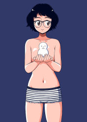 Rule 34 | 1girl, aragon honnin, bad id, bad tumblr id, black hair, blue background, breasts, brown eyes, cowboy shot, glasses, holding, looking to the side, navel, original, short hair, simple background, small breasts, solo, topless, underwear