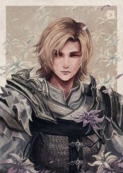 Rule 34 | 1boy, armor, blonde hair, closed mouth, cropped legs, dion lesage, earrings, final fantasy, final fantasy xvi, fiveonthe, flower, highres, jewelry, male focus, short hair, shoulder armor, solo, standing, teardrop earring, upper body, white armor, white flower, yellow eyes