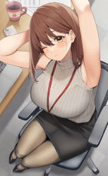 Rule 34 | 1girl, ;), absurdres, armpits, black footwear, black skirt, blush, breasts, brown hair, cellphone, coffee cup, commentary request, cup, disposable cup, grey pantyhose, high heels, highres, large breasts, mole, mole on armpit, mole under eye, name tag, office lady, one eye closed, original, pantyhose, pencil skirt, phone, plump, ribbed sweater, short hair, sitting, skirt, sleeveless, sleeveless sweater, smartphone, smile, solo, stretching, sweater, udon (udonalium)