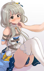 Rule 34 | 1girl, arms behind back, ass, bare shoulders, bdsm, bondage, bound, crotch rope, detached collar, dress, flat chest, hair ornament, hamuta (machosbrown), highres, hisakawa nagi, idolmaster, idolmaster cinderella girls, legs together, long hair, looking at another, on floor, silver hair, sitting, strapless, strapless dress, thighhighs, tiara, twintails
