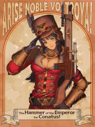 Rule 34 | 1girl, bayonet, black gloves, black hair, breasts, brown headwear, cleavage, closed mouth, commission, feather hair ornament, feathers, gas mask, gloves, goggles, goggles on headwear, green eyes, gun, hair ornament, highres, holding, holding gun, holding weapon, jacket, large breasts, long hair, long sleeves, looking at viewer, mask, military, military jacket, military uniform, original, poster (medium), propaganda, red jacket, rifle, salute, scope, skeb commission, ticoayme, uniform, warhammer 40k, wavy hair, weapon