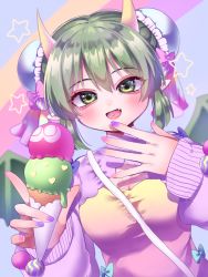 Rule 34 | 1girl, :d, azen (mntimcczgrtn), bow, breasts, bun cover, cleavage, double bun, draco centauros, fang, green eyes, green hair, hair bow, hair bun, hands up, highres, holding food, holding ice cream, horns, ice cream, long sleeves, looking at viewer, multicolored nails, nail polish, open mouth, pink bow, pink nails, pointy ears, purple nails, puyopuyo, puyopuyo quest, shrug (clothing), smile, solo, wings