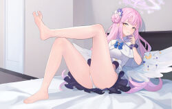 Rule 34 | 1girl, absurdres, barefoot, bed, blue archive, chuck (harfmoondark), feet, highres, long hair, mika (blue archive), panties, parted lips, pink hair, side bun, soles, toes, underwear, wings, yellow eyes