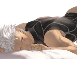 Rule 34 | 1boy, archer (fate), bare arms, bed sheet, black bodysuit, blush, bodysuit, commentary request, dark skin, dark-skinned male, fate/stay night, fate (series), grey hair, half-closed eye, highres, lying, male focus, mondi hl, muscular, on stomach, one eye closed, parted lips, short hair, solo, toned, toned male, white background