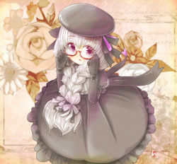 Rule 34 | 10s, 1girl, beret, black bow, black dress, black gloves, black hat, blush, bow, braid, commentary request, doll joints, dress, elbow gloves, fate/extra, fate (series), frilled dress, frills, gloves, hair between eyes, hair bow, hat, joints, long hair, looking at viewer, low twintails, nursery rhyme (fate), parted lips, puffy short sleeves, puffy sleeves, purple eyes, red-framed eyewear, semi-rimless eyewear, short sleeves, silver hair, solo, takanashi hiyori, twin braids, twintails, under-rim eyewear, very long hair